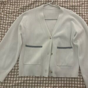 White Cardigan with Black Trim Pockets